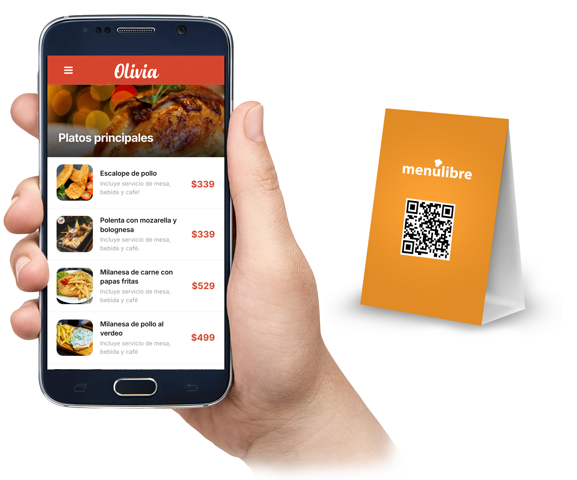 Un menú de Dish abierto en un celular junto a un cartel con código QR